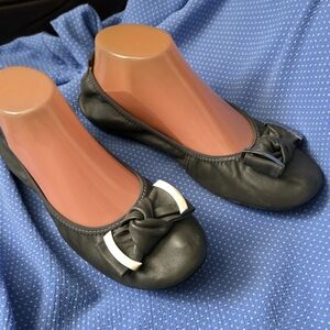 Miu Miu Gray Leather Flats with Bow Accent